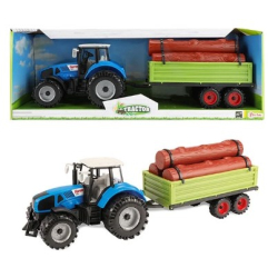 Toi-Toys TRACTOR Traktor mit Holzanhänger + Baumstämme 20cm Friktion blau