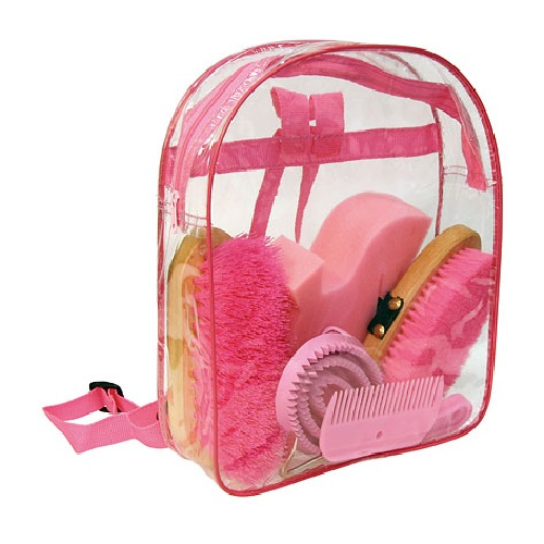 Pferde Putz-Rucksack rosa mit Bürste Hufkratzer Kardätsche