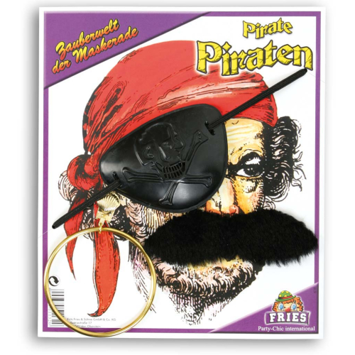 Fasching Piraten Set mit Ohrring Augenklappe und Schnurrbart Bart